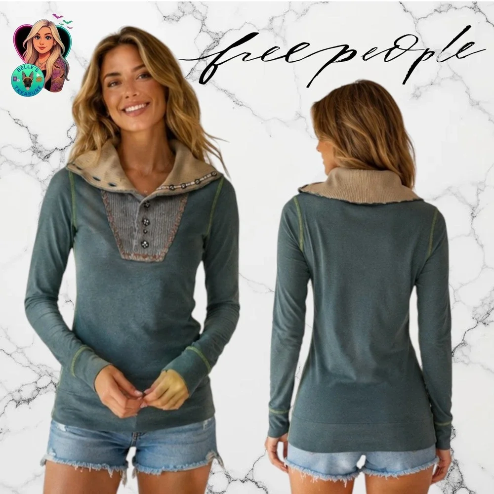 Free People Teal Blue Mixed Media Thermal Knit Top Boho Rose Button Womens Small